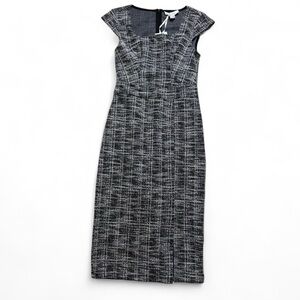 Jasambac Black Midi Pencil Dress Tweed Cap Sleeve Sheath Dress Size 6 NWT